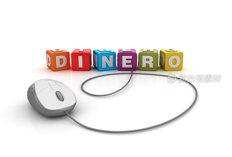 DINERO流行语立方体与计算机鼠标-西班牙语单词- 3D渲染